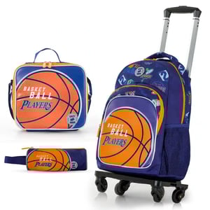 Eazy Kids - 18" Set of 4 Backpack w/ 4 Wheel Trolley, Lunch Bag and Pencil Case - Basket Ball