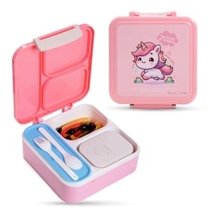 Nova Kids - 3 Compartment Bento Lunch Box w/ Spoon & Fork Set and Stainless Steel Jar - Unicorn Pink