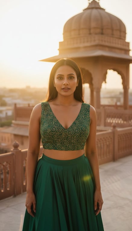 Radiant woman on a marble Jaipur balcony at golden hour with warm sunset light and regal atmosphere.