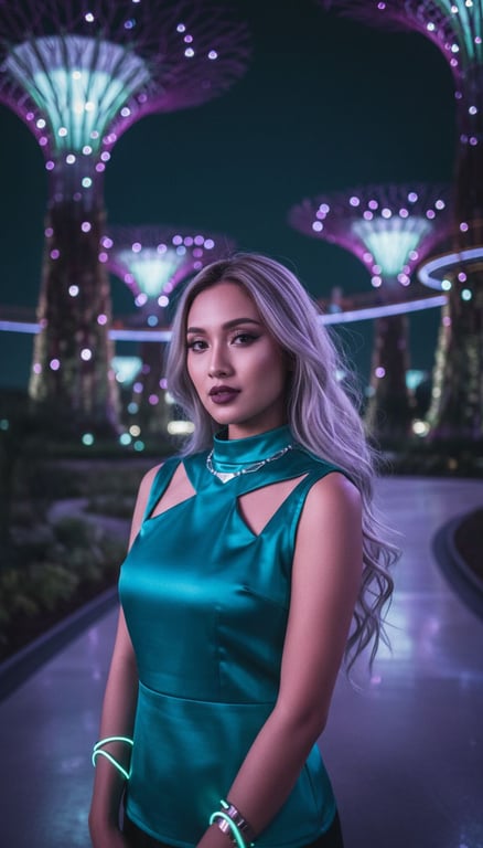 Striking woman in Singapore with the glowing Supertree Grove and modern city architecture at night