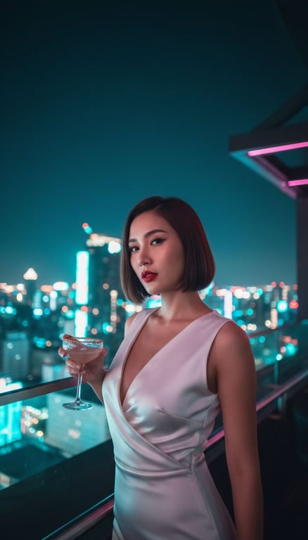 Modern woman at a neon-lit Bangkok rooftop bar with a dramatic metropolitan city backdrop and vibrant mood.