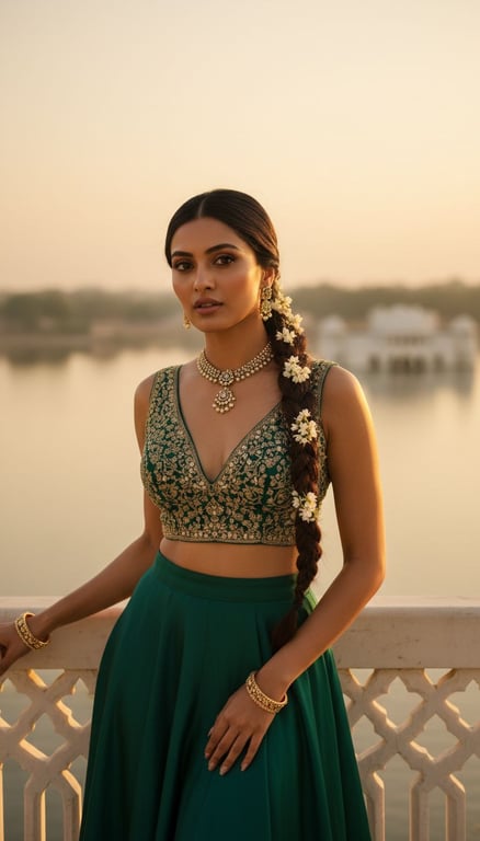 Elegant woman on a marble balcony in Udaipur at sunset wearing a sleeveless emerald silk blouse with gold embroidery.