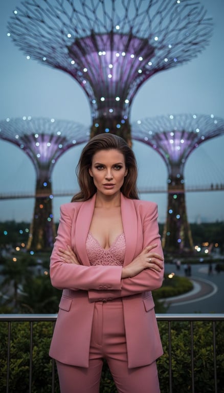 Striking woman in rose pink power suit at Singapore Gardens by the Bay with glowing Supertrees