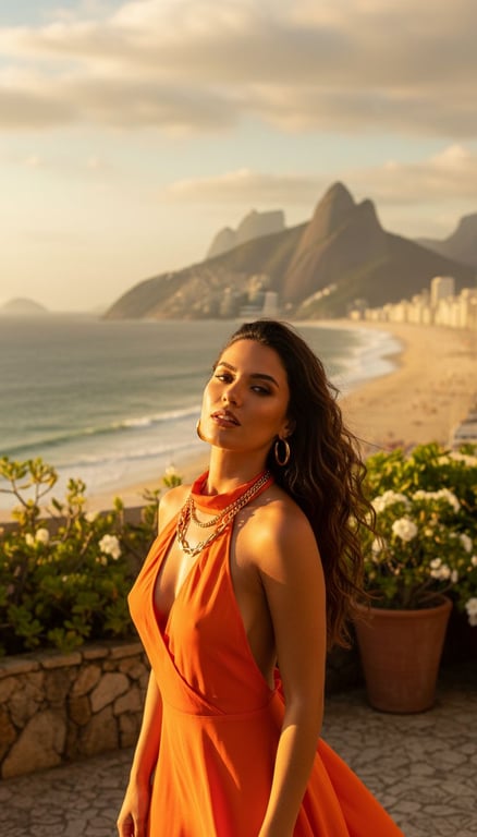 Vibrant woman on a sun-drenched Rio terrace with ocean views and a warm, energetic tropical atmosphere.