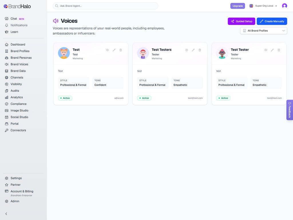 Brand Voices dashboard view