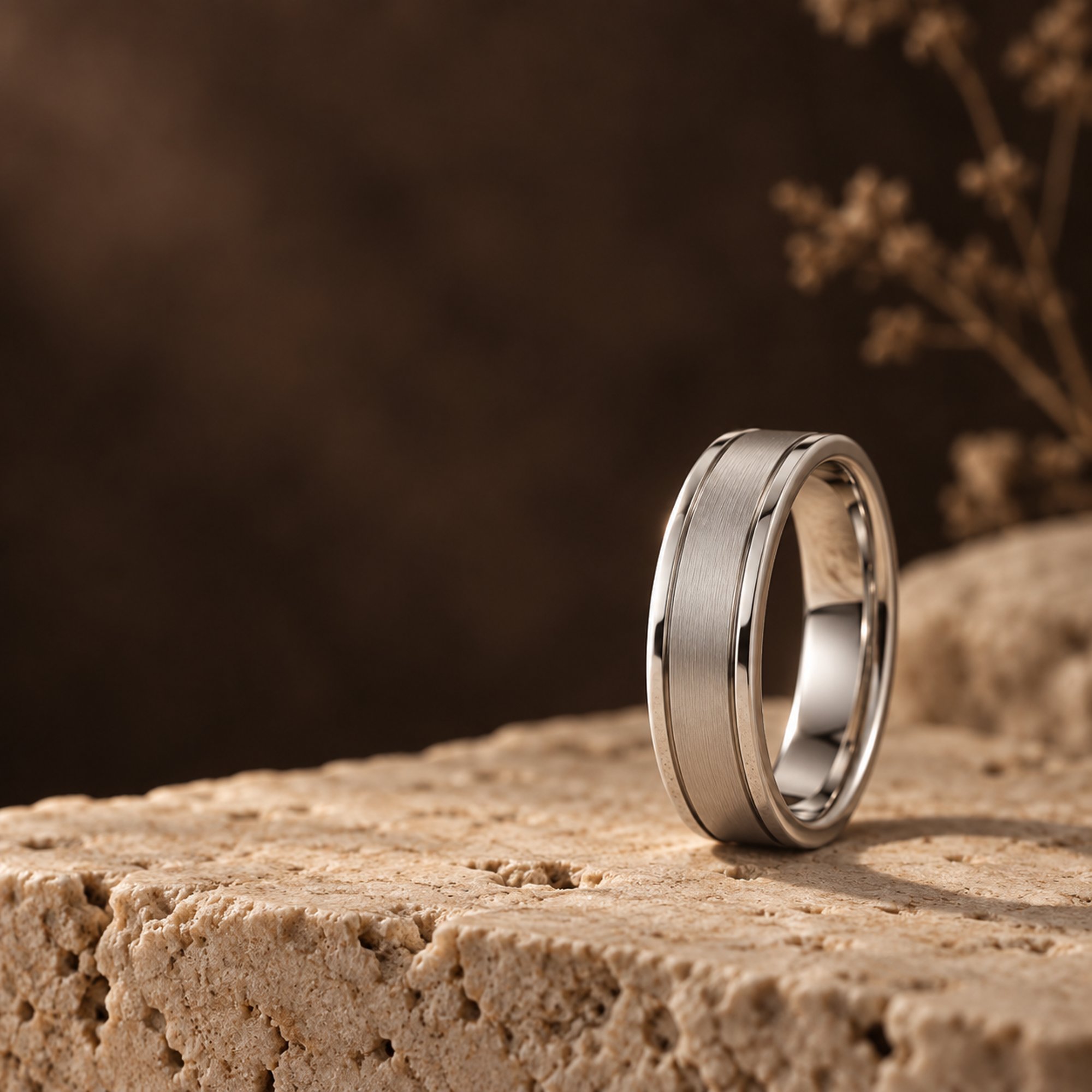 Slim two-groove men's wedding band with a brushed centre on warm natural stone