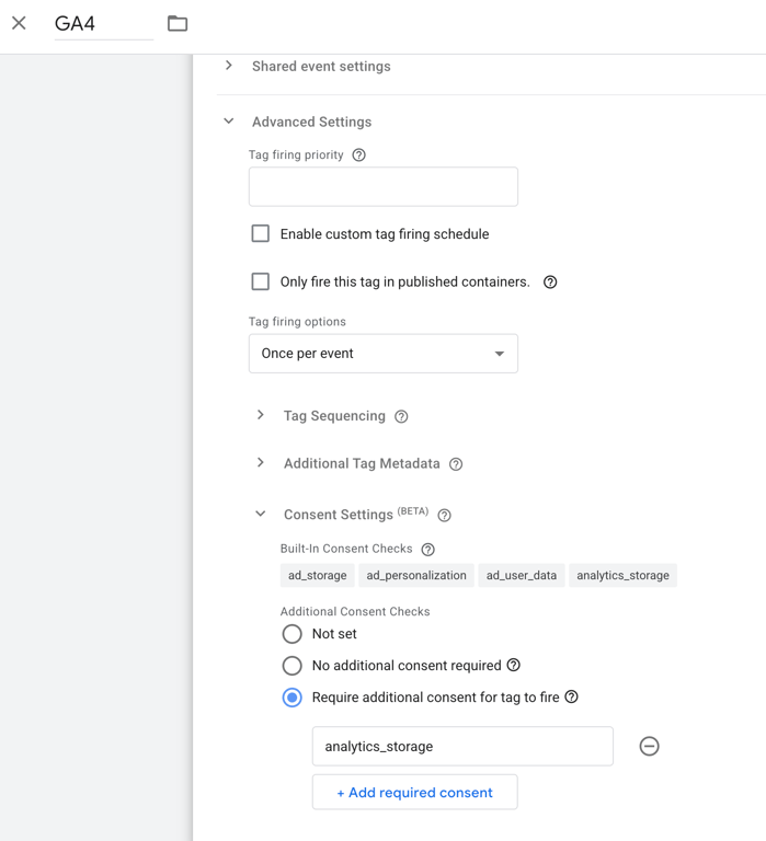 GTM Consent Settings showing analytics_storage requirement