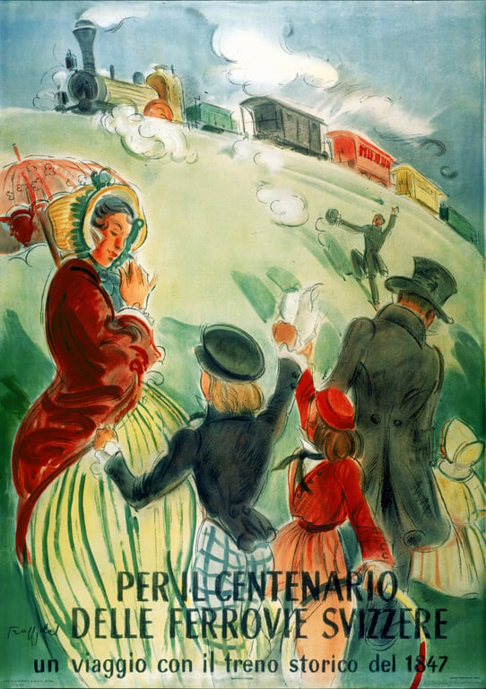 Per il centenario delle ferrovie Svizzere un viaggio con il treno storico del 1847 — Friedrich Traffelet, 1947