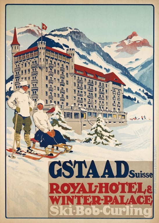 Carlo Pellegrini: Poster Gstaad Royal-Hotel & Winter-Palace Ski-Bob-Curling — Carlo Pellegrini, 1913