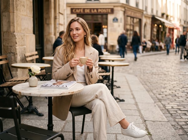 Vinted · oversized blazer sidewalk café morning