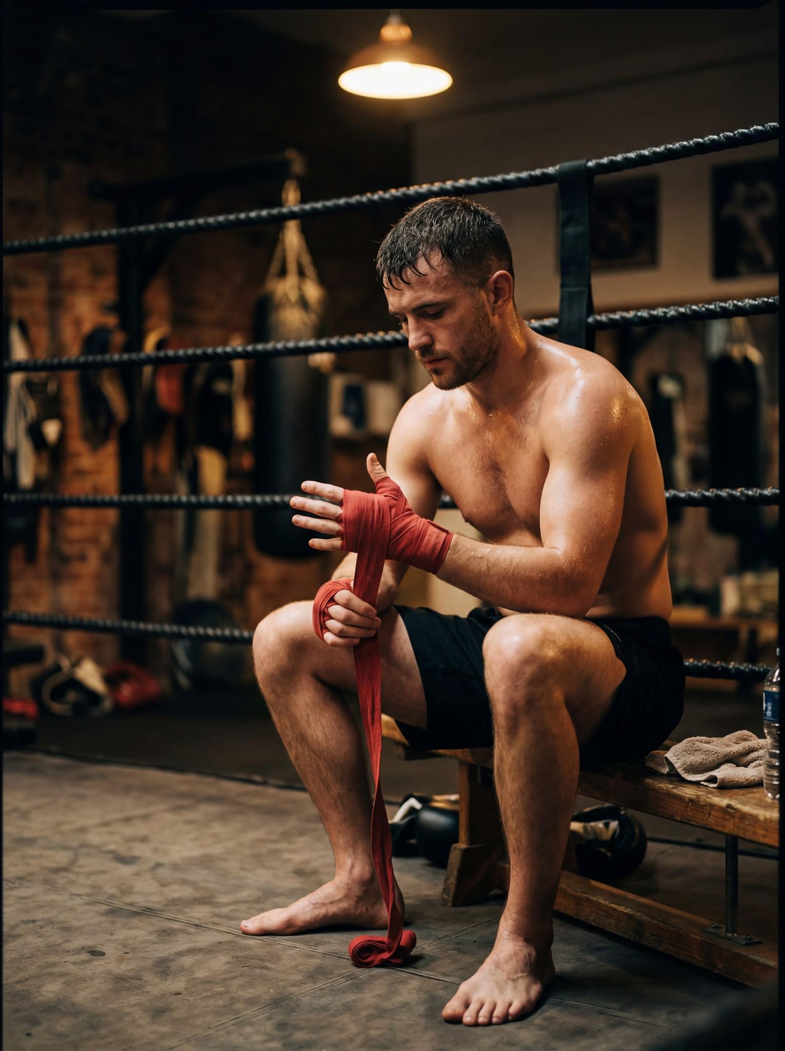 Fitnesz · bokszoló férfi a kezét pólyázza a ring mellett