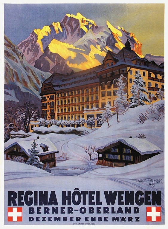 REGINA HÔTEL WENGEN lithograph in colours — Waldemar Fink, 1929