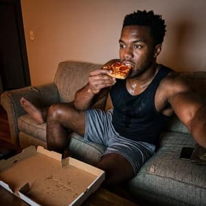 Fitnesz · kiinduló szelfi a kanapén pizzával