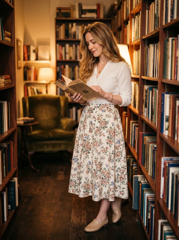 Vinted · floral midi skirt cozy bookstore