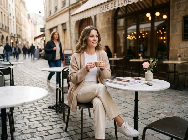 Vinted · beige cashmere cardigan sidewalk café