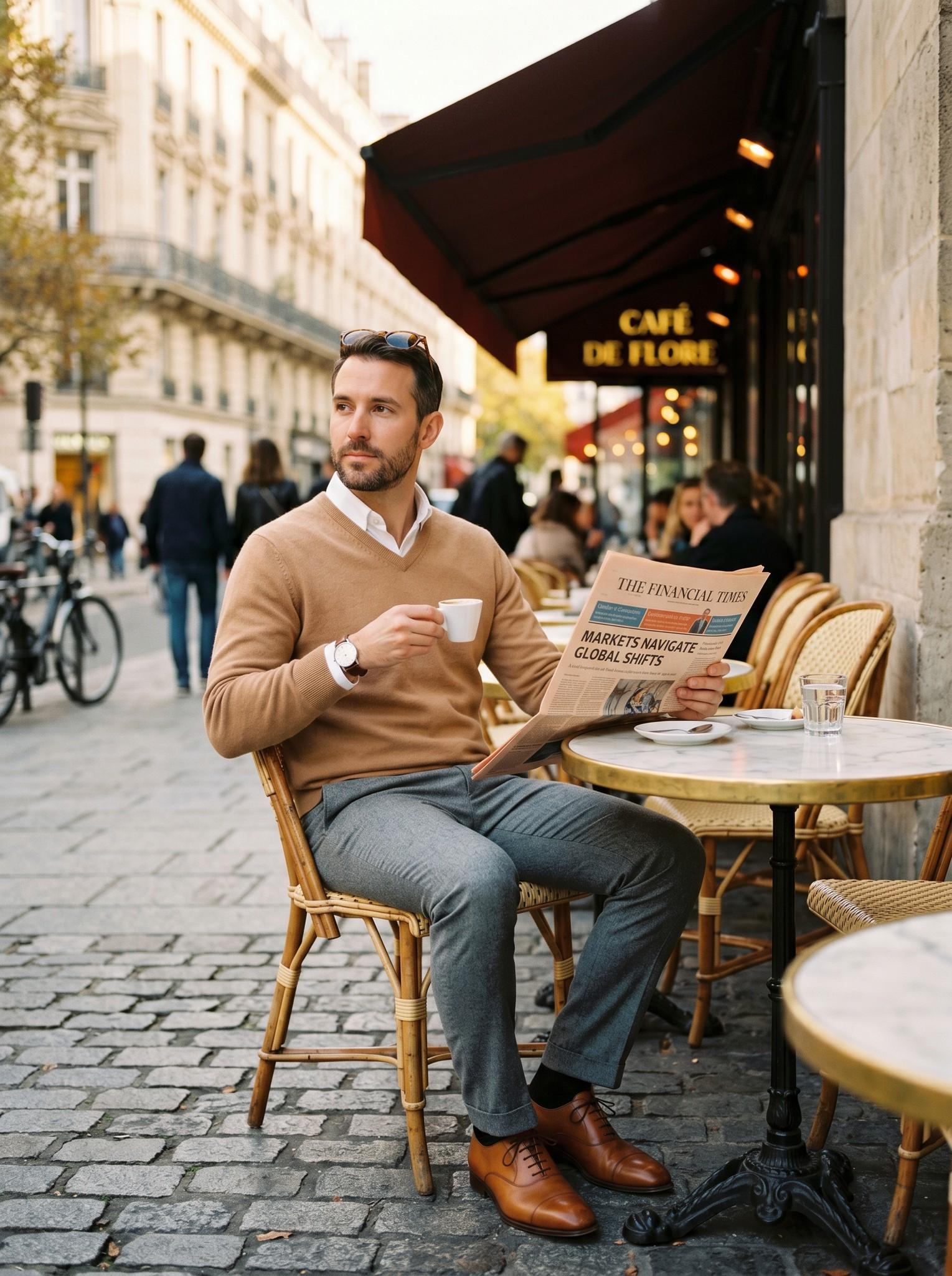 Quiet Luxury · eszpresszó és újság egy teraszos kávézóban