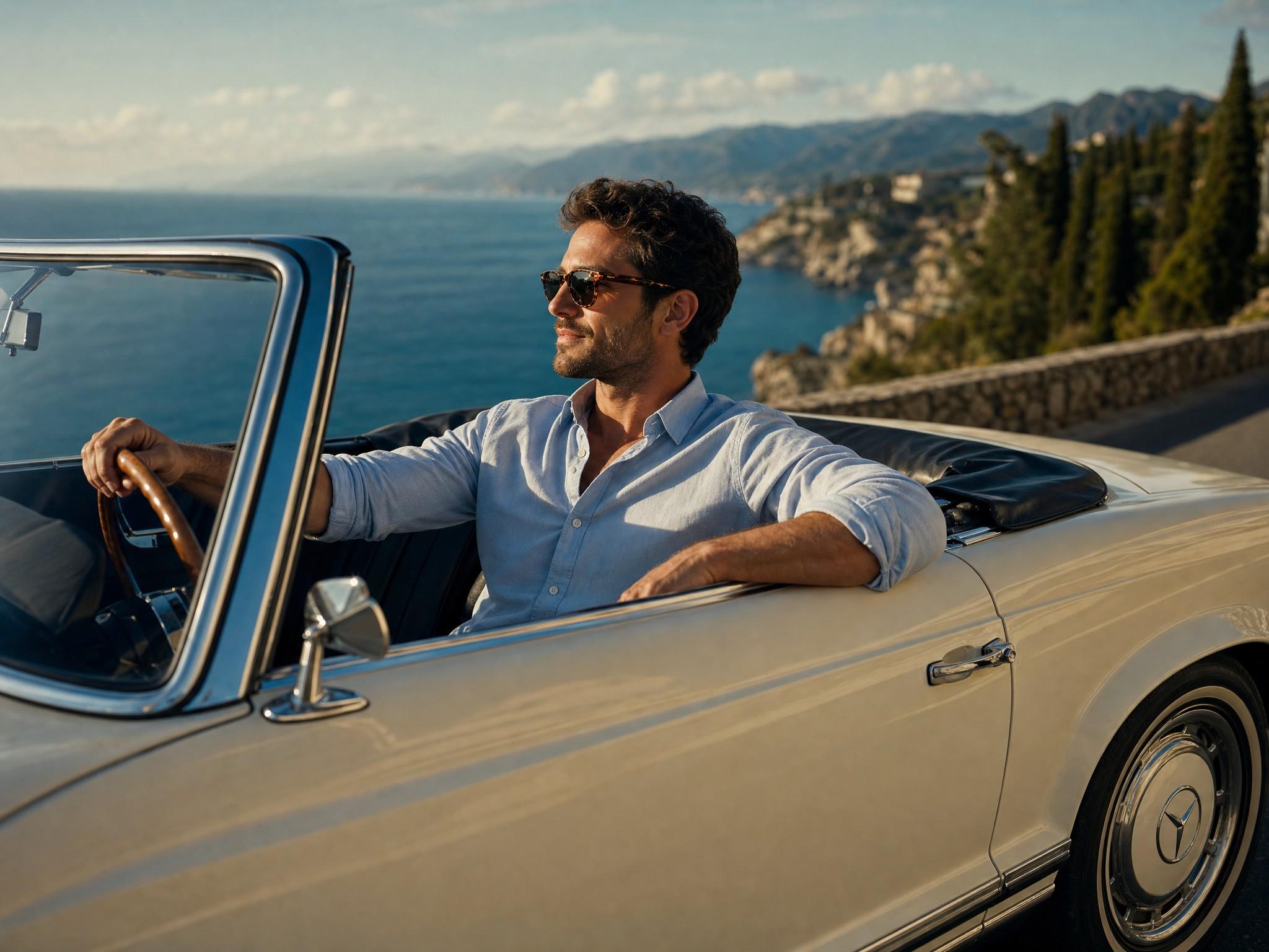 Quiet Luxury · veterán Mercedes a tengerparti úton