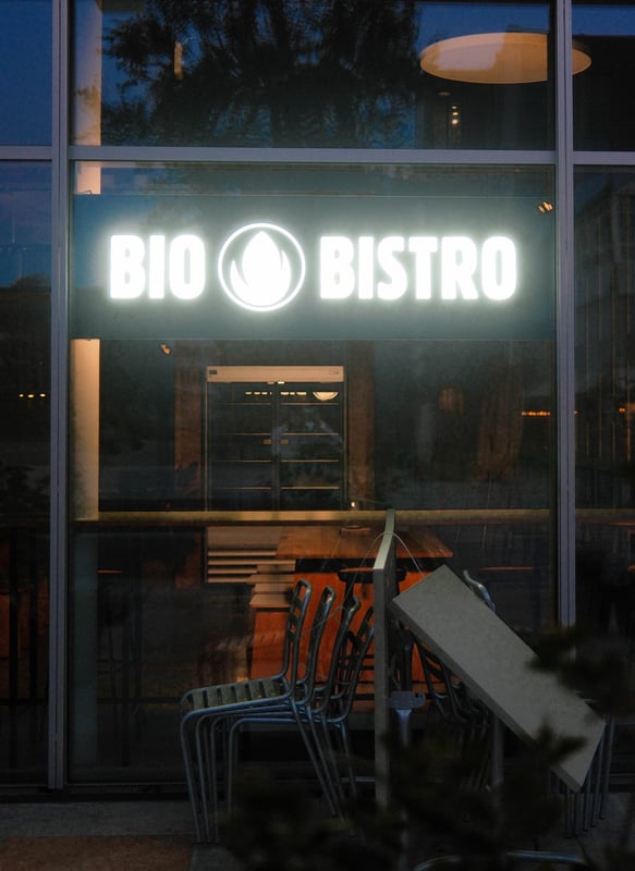 Bio Bistro. Hegenheimerstrasse, Basel, Switzerland, 9:08 PM, Thursday, 9 May 2024. Fujifilm X100VI, flash off, f/2 at 1/40 at Auto ISO 250. Reggie's Portra + Glimmerglass + Luminar Neo.