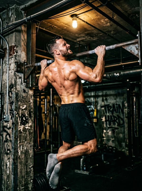 Fitness · male pull-up mid-rep raw concrete