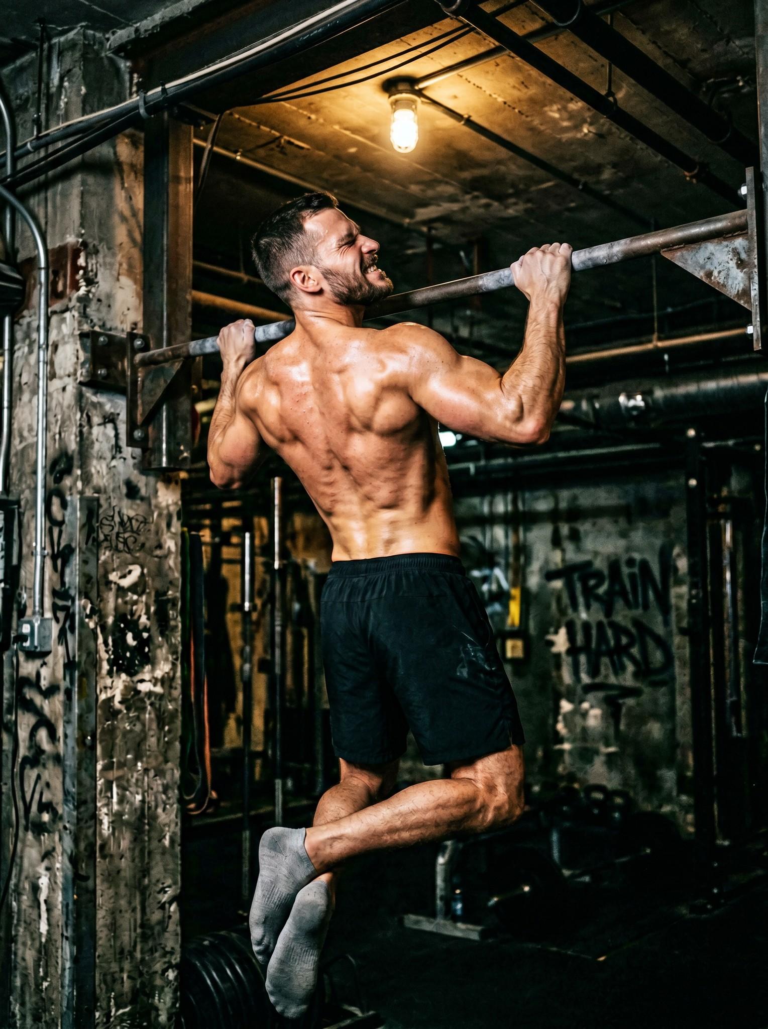 Fitnesz · férfi húzódzkodik egy nyers betonfalú teremben