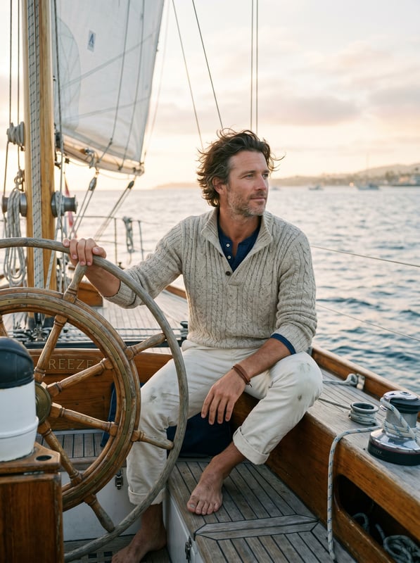 Quiet Luxury · sailing yacht hand on wheel