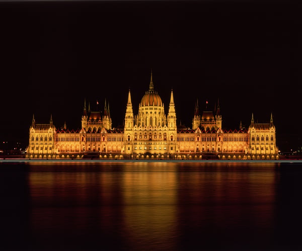 Magyar Parlament. Batthyányi tér, Budapest, Hungary, 8:43 PM, Sunday, 5 May 2019. Intrepid Mk. 3, f/8 at 6s on Velvia 50. Grad filter + Luminar Neo.