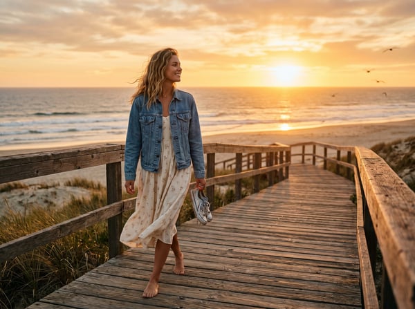 Vinted · vintage Levi's denim jacket beach boardwalk golden hour