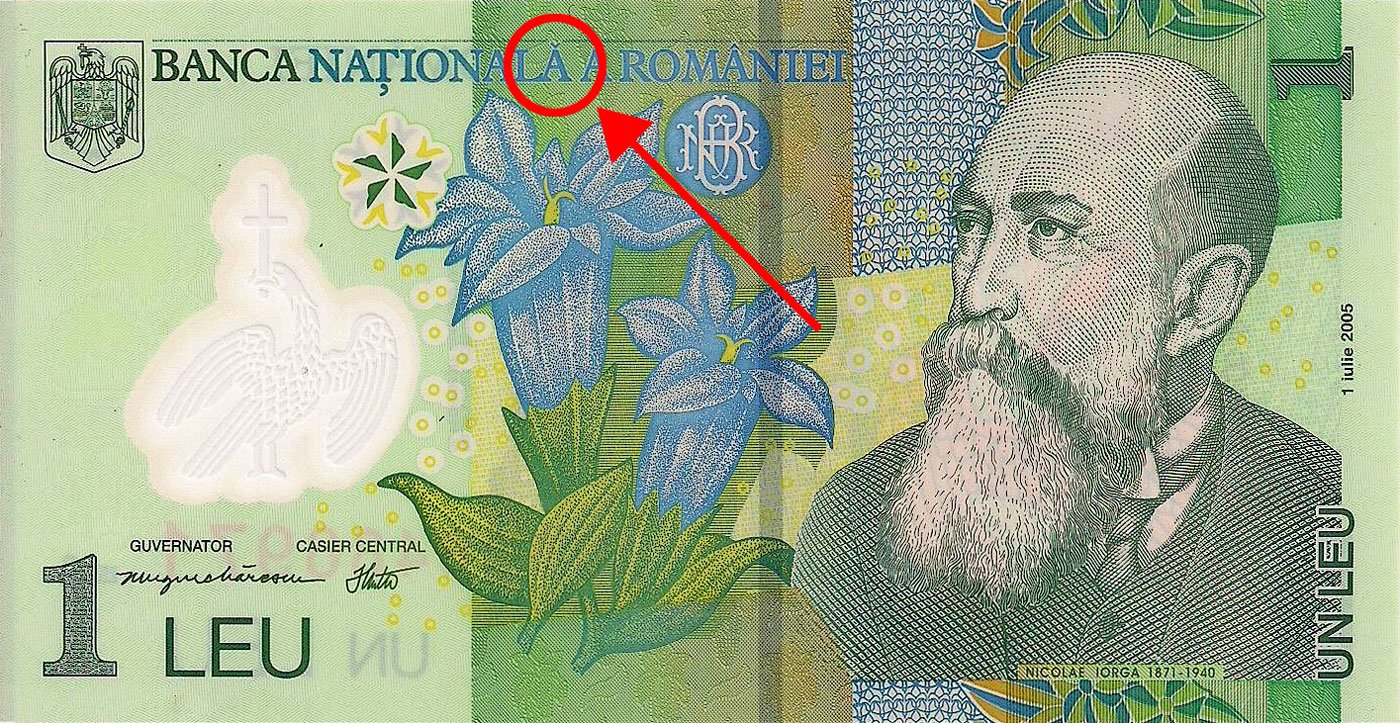 A-caron incorrectly used instead of Ă letter (A-breve) on Romanian 1 LEU banknotes. Cristian Kit Paul