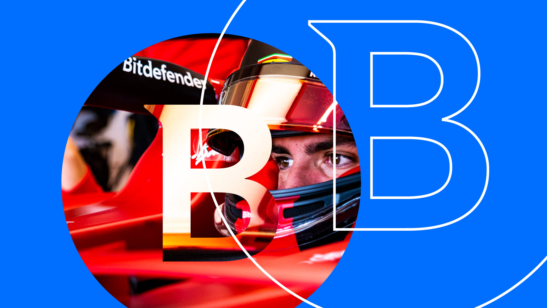 Bitdefender B-Symbol brand property exemplified in a Ferrari sponsorship.