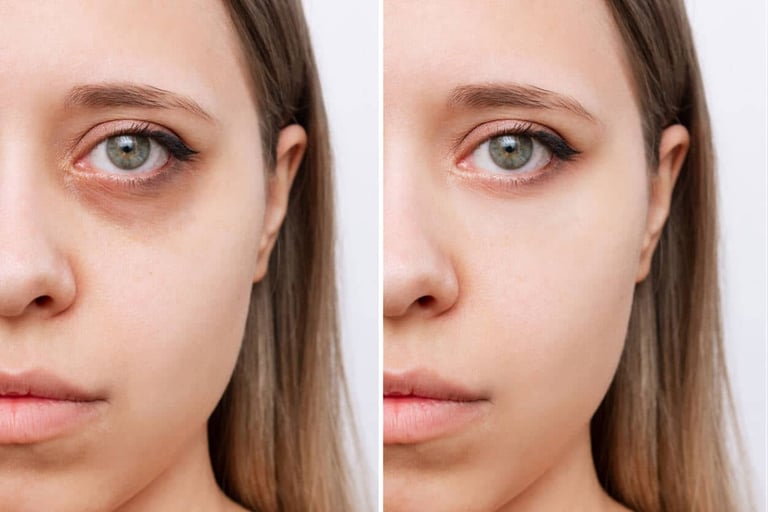 How to Get Rid of Dark Circles Under Eyes. Cropped shot of young caucasian woman's face with dark circles under eyes before and after cosmetic treatment. Bruises under eyes caused by fatigue, insomnia.