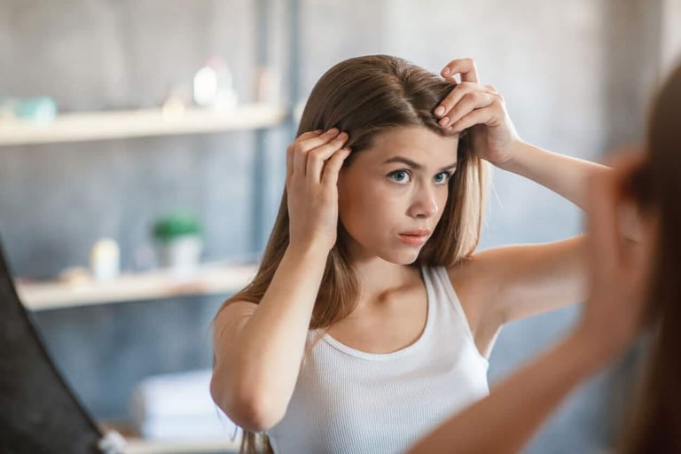 Best Shampoo for Damaged Hair. Pretty girl with damaged hair problem looking in mirror at home stock photo
