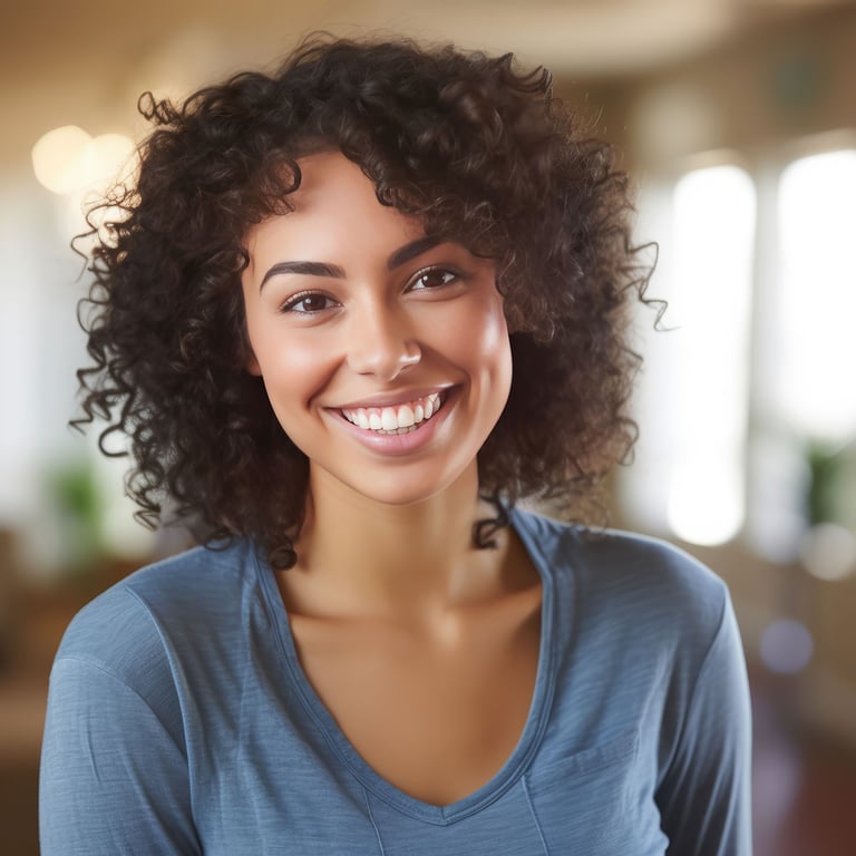 Understanding Your Hair Type. Smiling woman looking at the camera. Zoom. Profile photo.