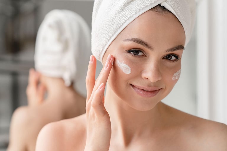How to Revitalize Your Dehydrated Skin Care Routine. Close up cropped portrait of a young beautiful woman in bath towel smiling applying face body cream on her face for rejuvenation soft moisturizing effect.