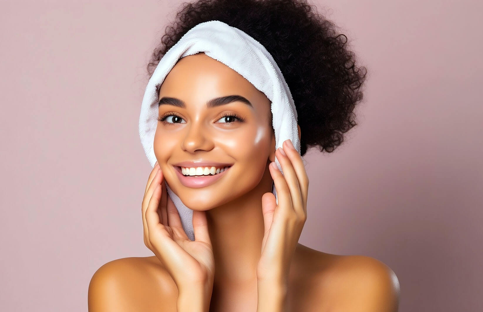 Top 5 Cleansers for Dry Skin. Portrait of woman with curly hair with white towel on head after moisturizing skin, fresh skin beauty skincare shot