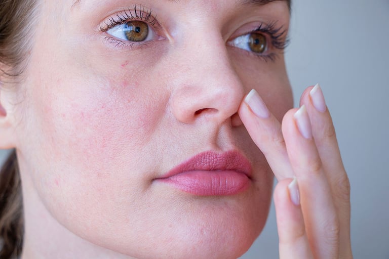 Choosing the Most Effective Rosacea Skin Care Products. Young woman with rosacea problem on face