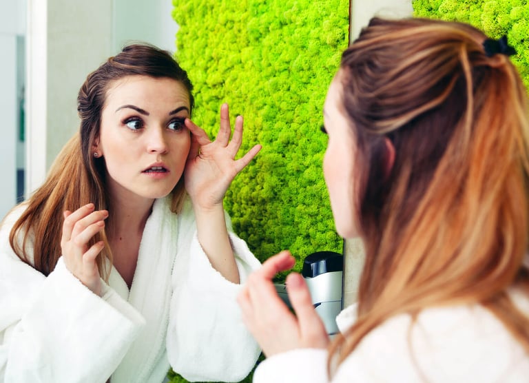 Best Wrinkle Prevention Products. Pretty woman looking at mirror in modern bathroom and checking wrinkles