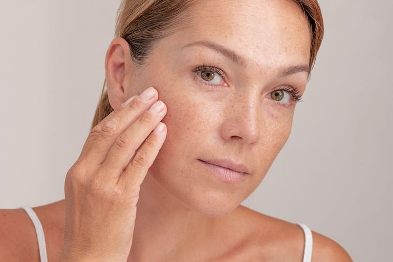 How to Remove Age Spots. Portrait of cropped caucasian middle aged woman face with freckles touching skin by hand on white background