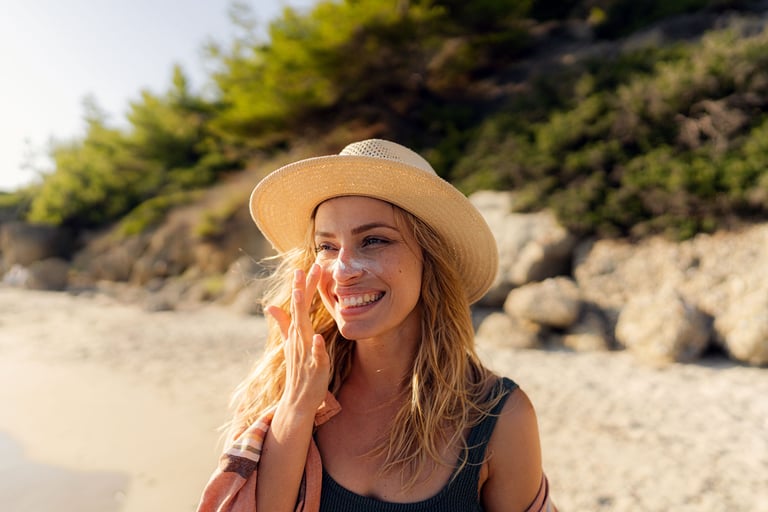 5 Essential SPF Makeup Products to Protect Your Skin. Young woman applying sunscreen at the beach stock photo