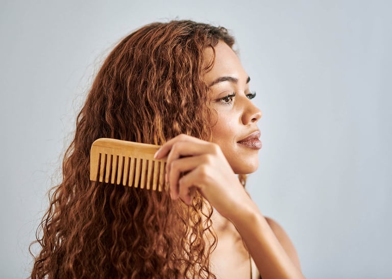 Best Hair Products for Dull Hair. Black woman, beauty and hair comb on a studio gray background mockup. Natural, curly and Hispanic haircare model girl with luxury salon cosmetic healthy hairstyle care for cool and fresh look. stock photo