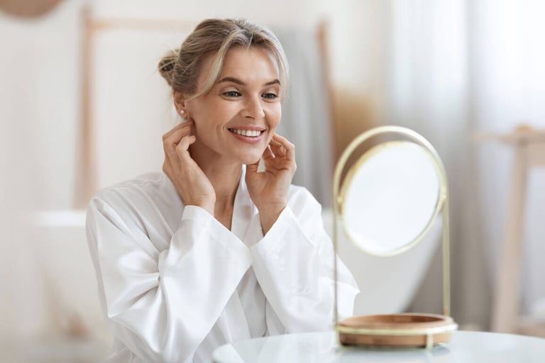 5 Anti-Aging Masks to Boost Your Skincare Routine. Cheerful beautiful adult lady using hydrating face cream stock photo