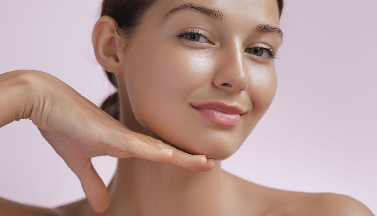 Spotlight on ├Йminence Organic Skin Care. Beauty Photo of Woman with Clean and Healthy Skin Touching Her Face