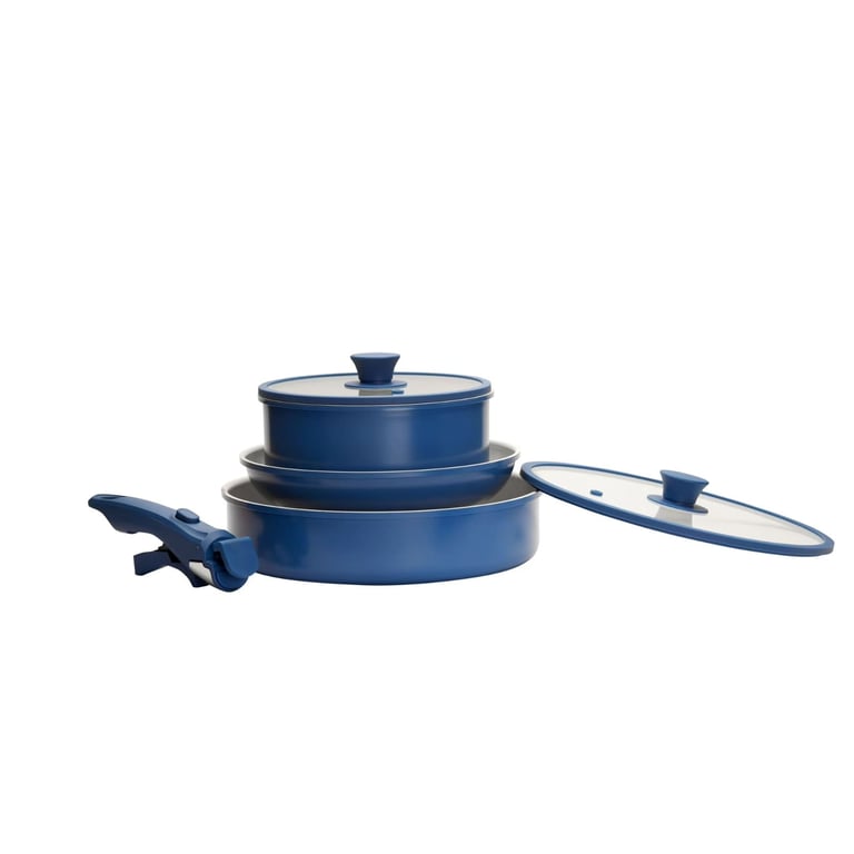 6PC STACKABLE COOKWARE SET ROYAL BLUE  with removable handle