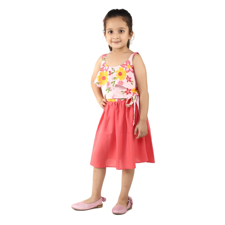  sleeveless Floral Print Top with Plain Skirt