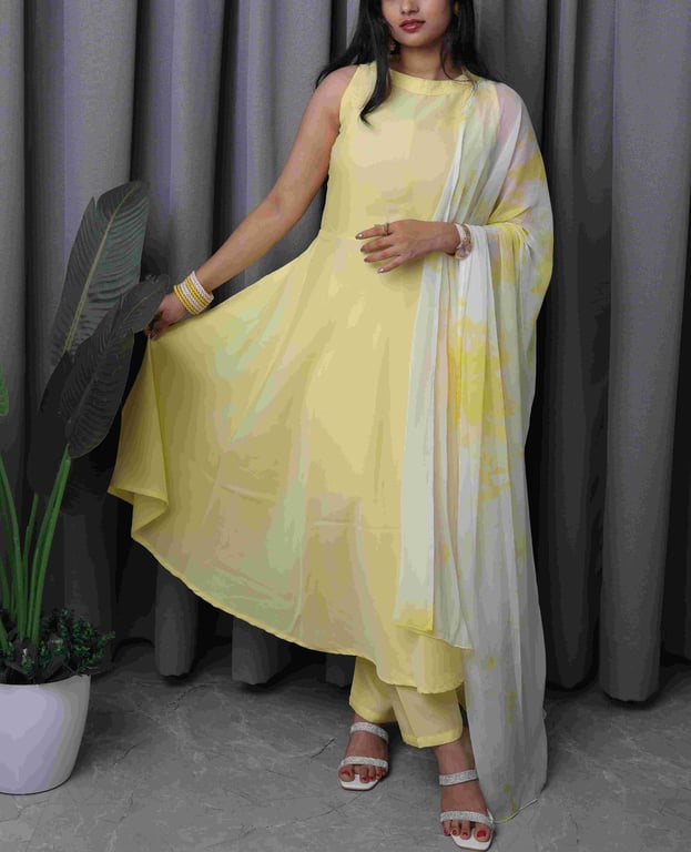 Yellow Crepe Kurta Pant Set with Printed Chiffon Dupatta for Women- Clearance deal