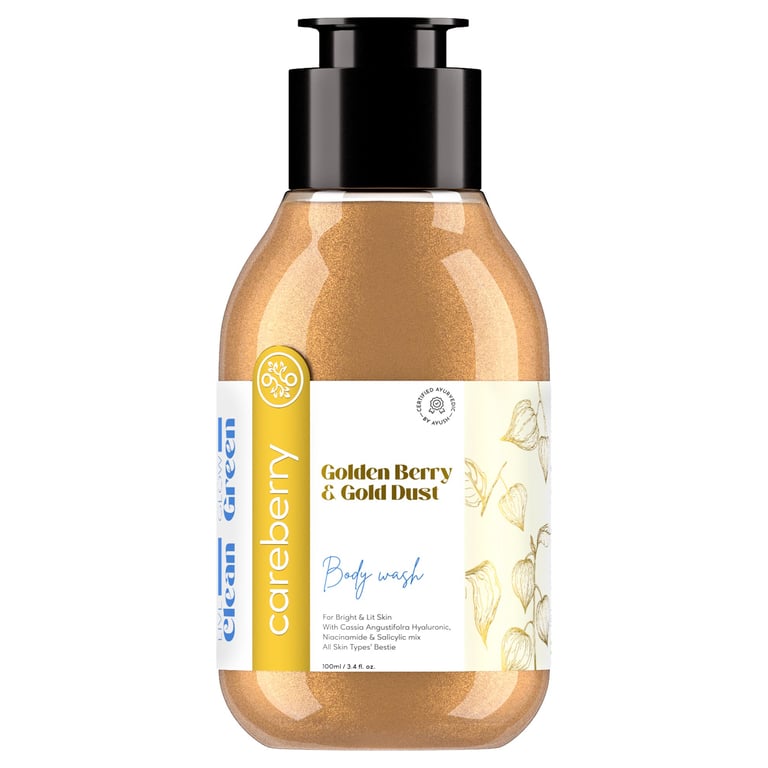 Careberry Golden Berry & Gold Dust Brightening Body Wash, For Bright & Lit Skin, Ayush Certified Ayurvedic, Paraben & Sulphate Free, Gulten & GMO Free, 100ml