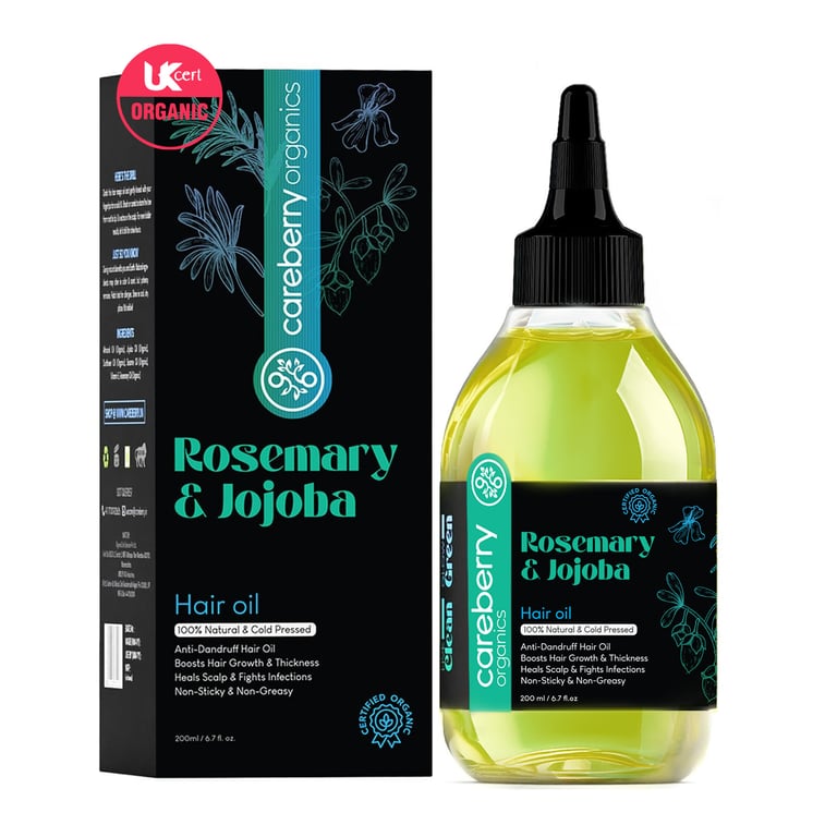 Careberry Organic Rosemary & Jojoba Hair Oil For Hair Growth & Dandruff Control | 100% Natural & Organic | Certified Ayurvedic | Cold Pressed Oil | Mineral Oil Free | 200ml