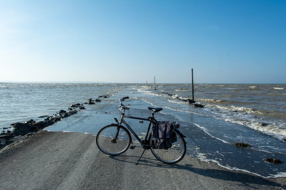A bicycle rests on a flooded causeway surrounded by the ocean on a sunny day.