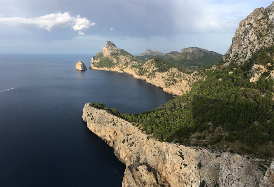 A breathtaking aerial view of Mallorca's rugged coastline with lush greenery and clear blue sea.