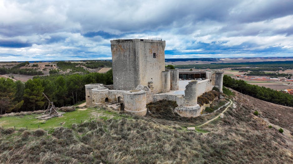 Aerial view of Íscar Castle, a historical fortress in Castilla y León, Spain.
