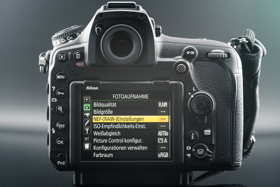Close-up of a DSLR camera screen showing various photo settings and options.